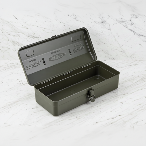 Black tool box with visible branding on a white background