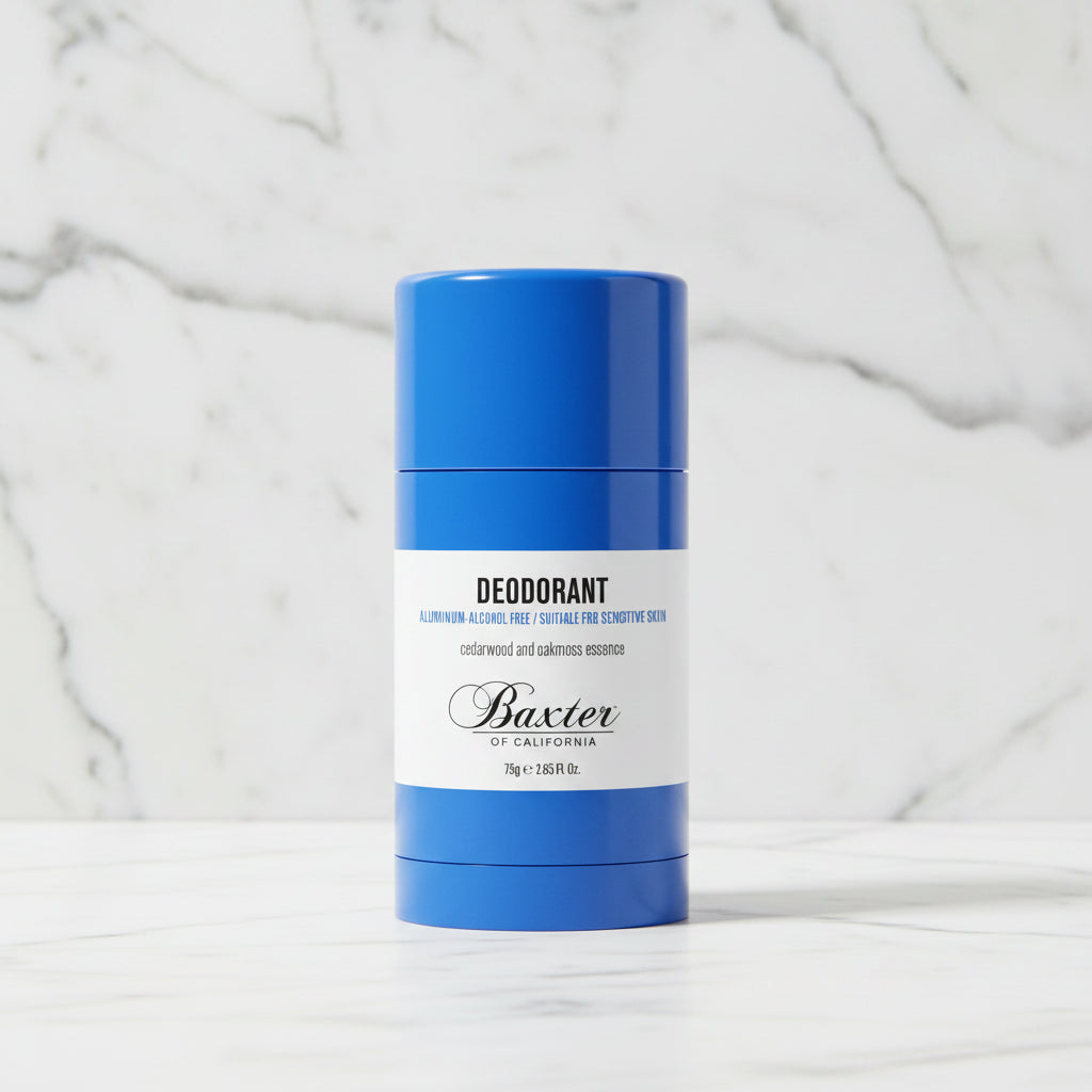 Blue deodorant stick with natural elements on a white background